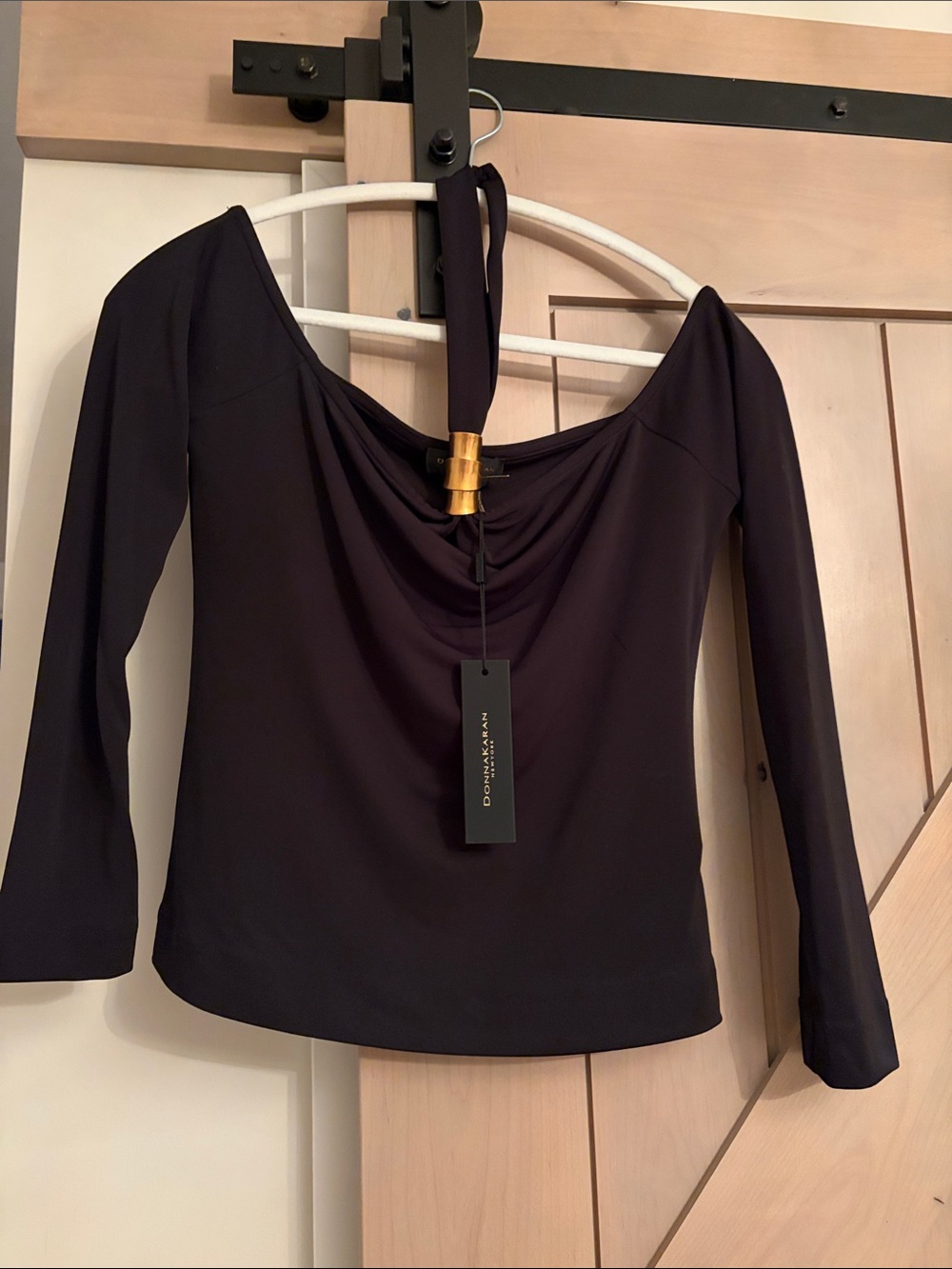 Donna Karan Black Off-Shoulder Halter Long Sleeve Top with Gold Hardware